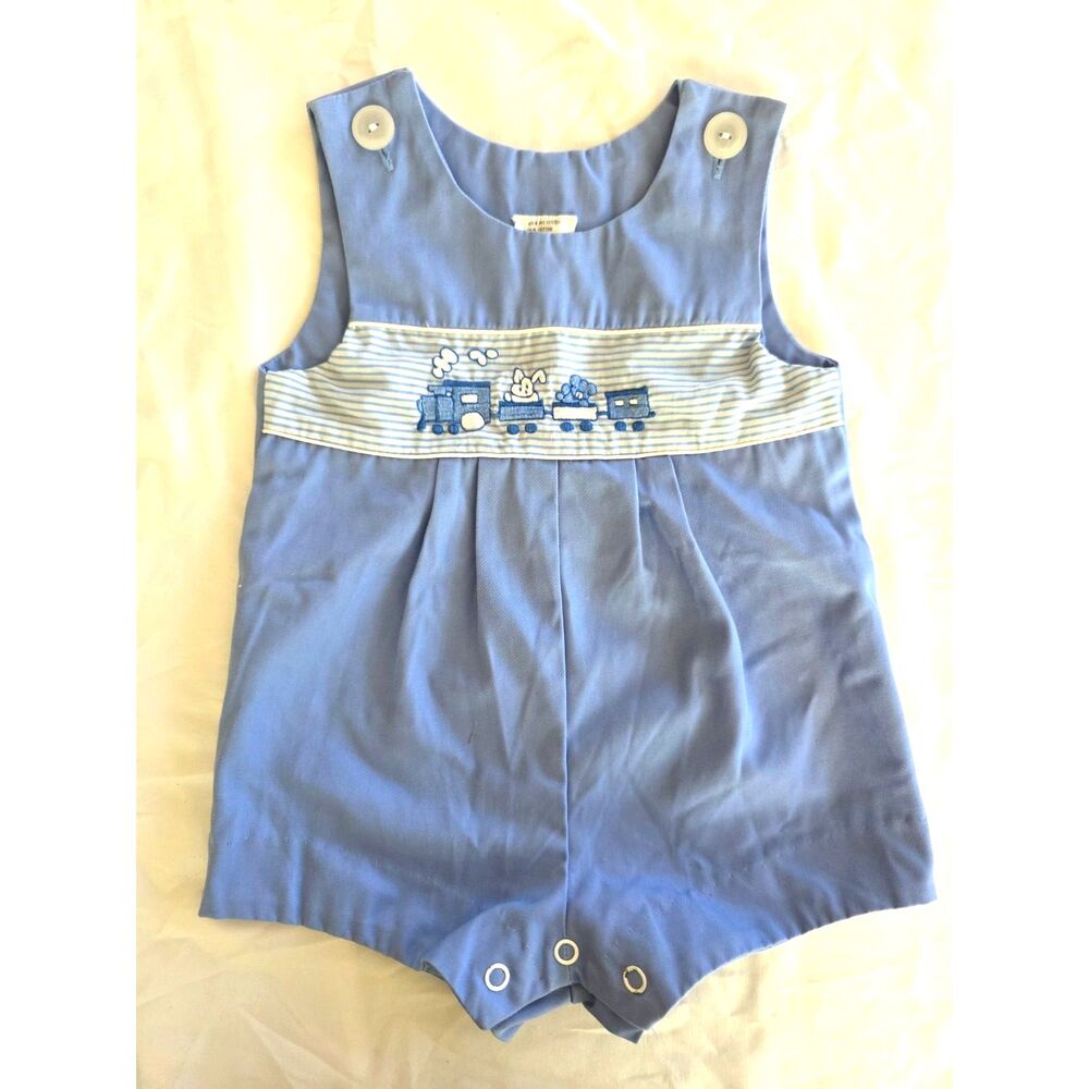 Vintage Baby Blue Train Embroidered Romper / Bubble Creeper - Size 18 Months